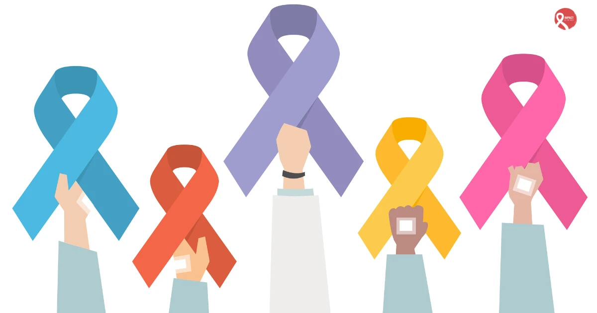Multiple colored cancer awareness ribbons held up by hands, symbolizing different types of cancer and the importance of early detection.