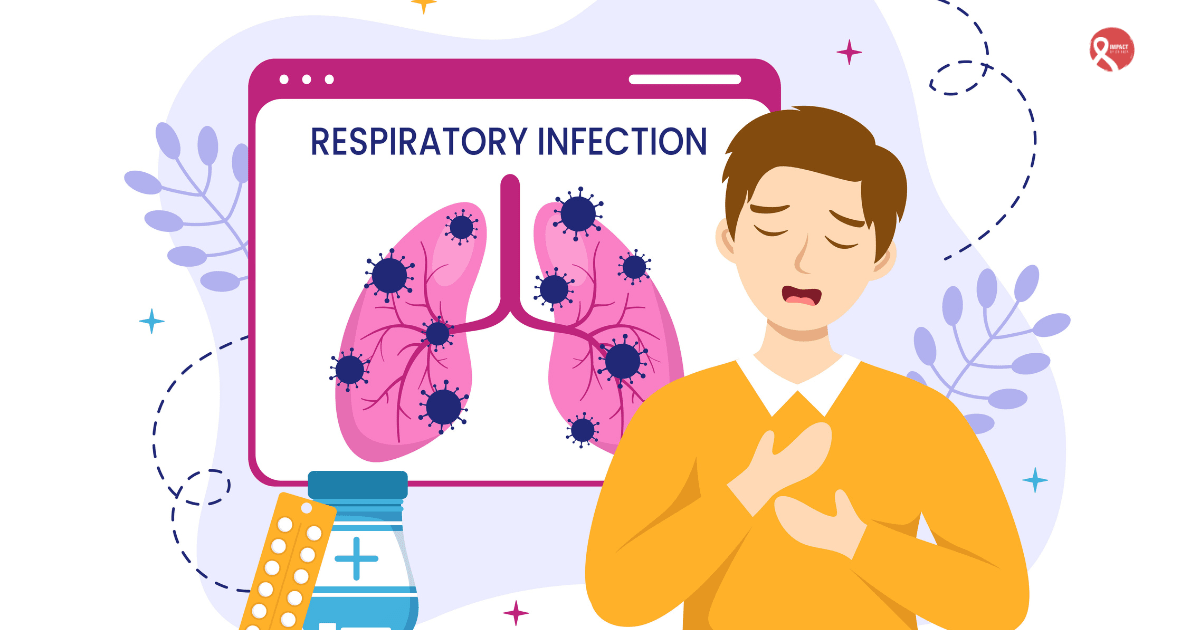 Illustration showing a person with chest discomfort and infected lungs labeled “Respiratory Infection,” symbolizing causes linked to lung cancer.
