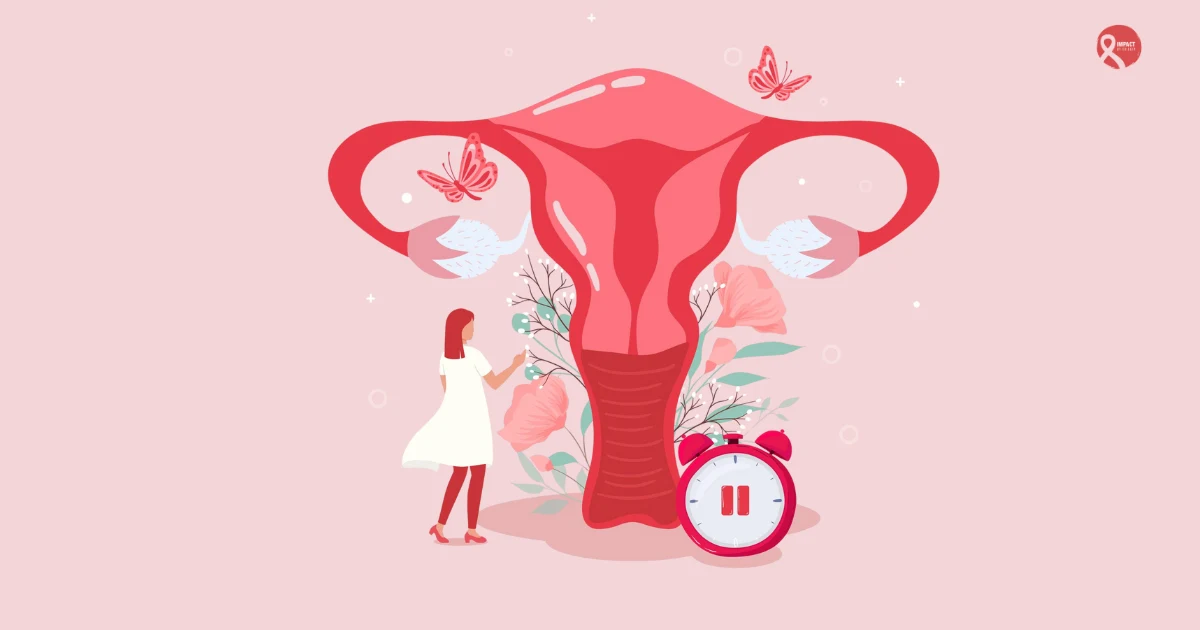 Illustration of a woman standing near a uterus symbol, representing uterine health and awareness of uterine cancer.