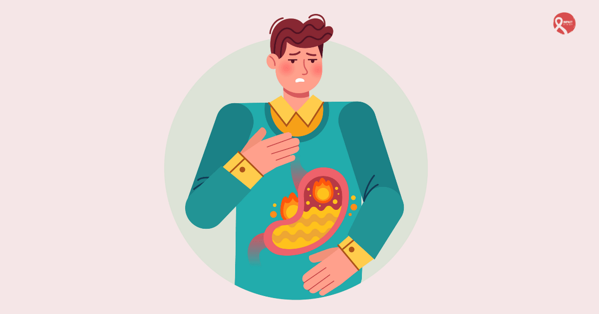 Illustration of a person experiencing stomach pain and discomfort, representing common symptoms of gastrointestinal stromal tumors (GIST).