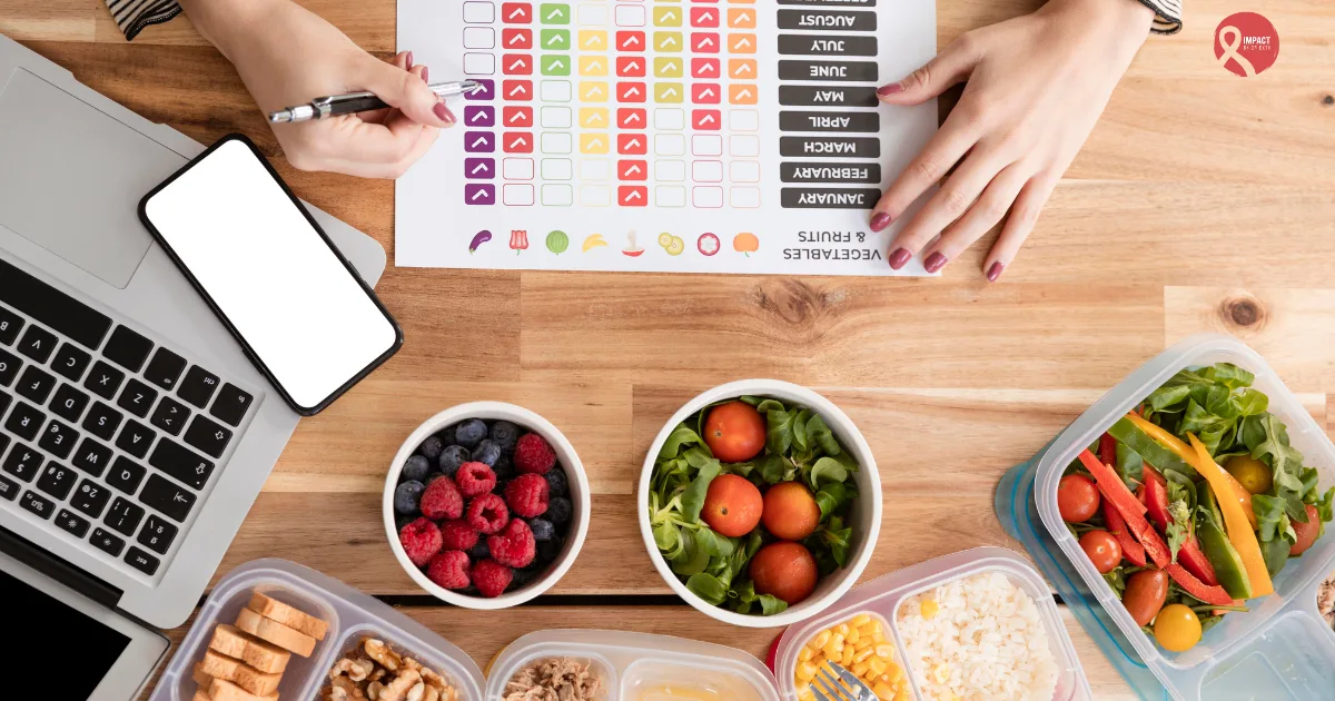 A nutritious meal prepared for a cancer patient, including fruits, vegetables, and healthy food items arranged on a plate.