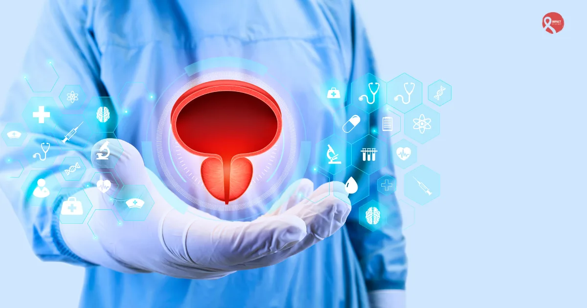 Medical professional holding a 3D digital illustration of a bladder, representing bladder cancer awareness and diagnosis.
