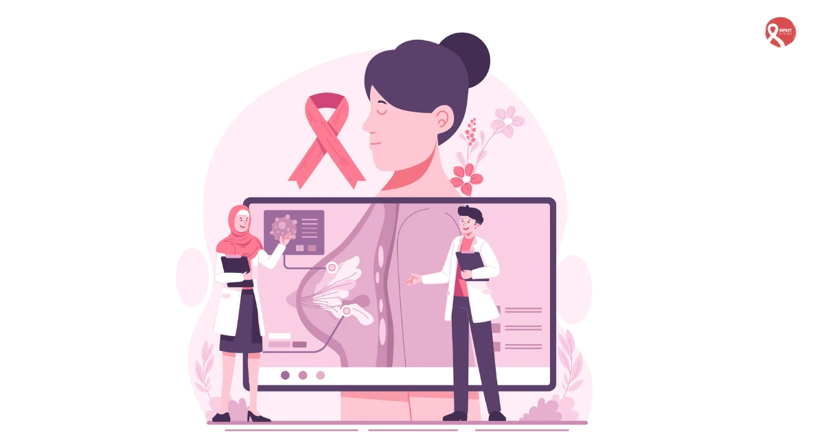 Doctors discussing breast cancer genetic testing and BRCA gene screening illustration