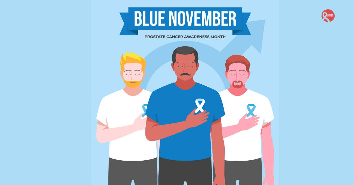 Illustration of three men wearing blue ribbons over their hearts, symbolizing prostate and testicular cancer awareness during Blue November.
