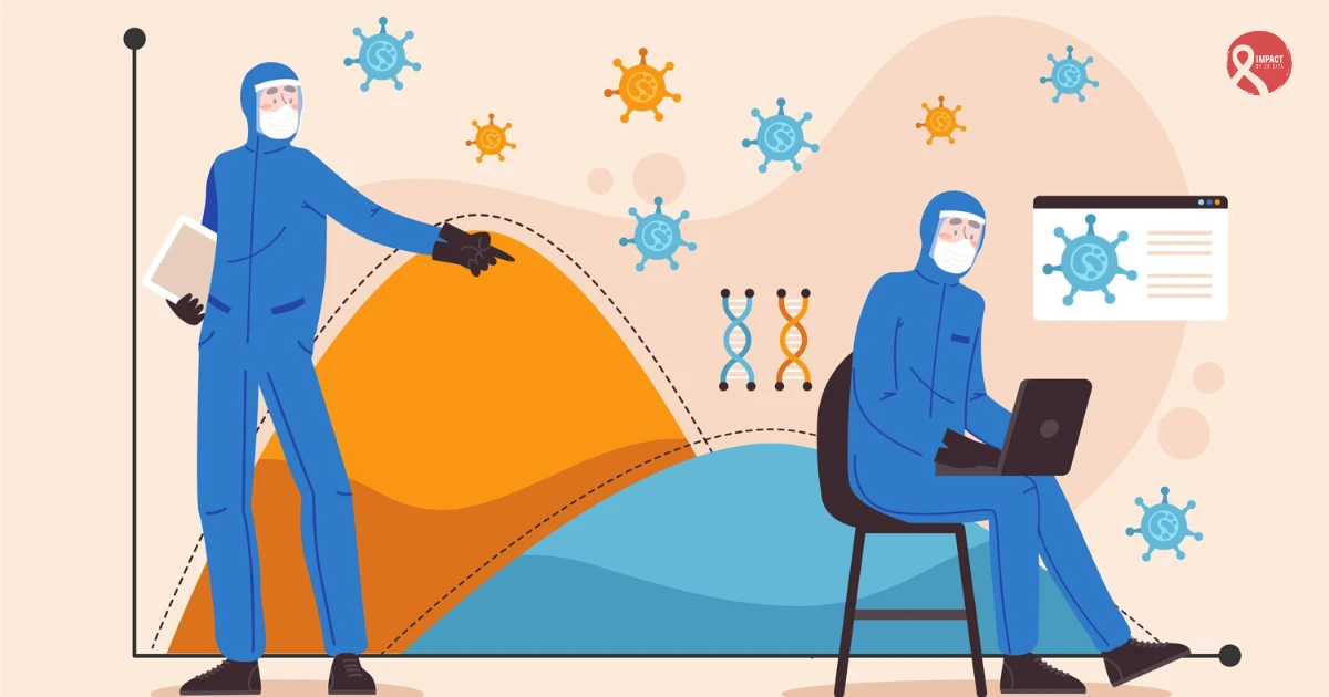 Illustration of medical professionals in protective suits analyzing data, with virus and DNA symbols in the background, representing research on occupational hazards and cancer risk.