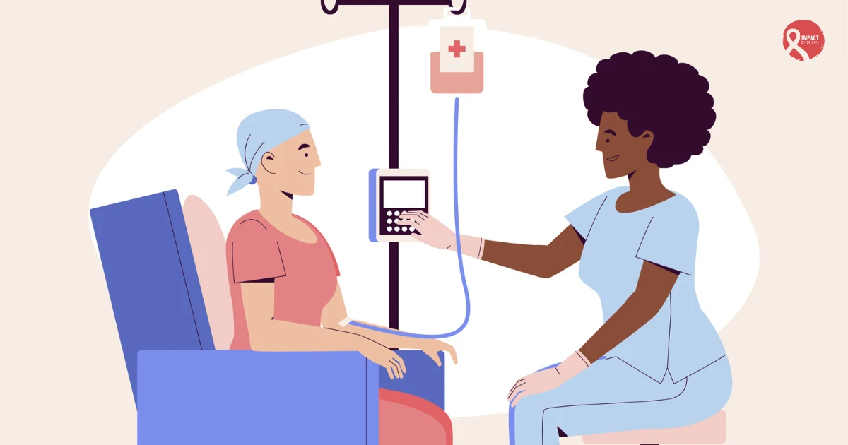 Illustration of a breast cancer patient receiving chemotherapy with the support of a healthcare professional.