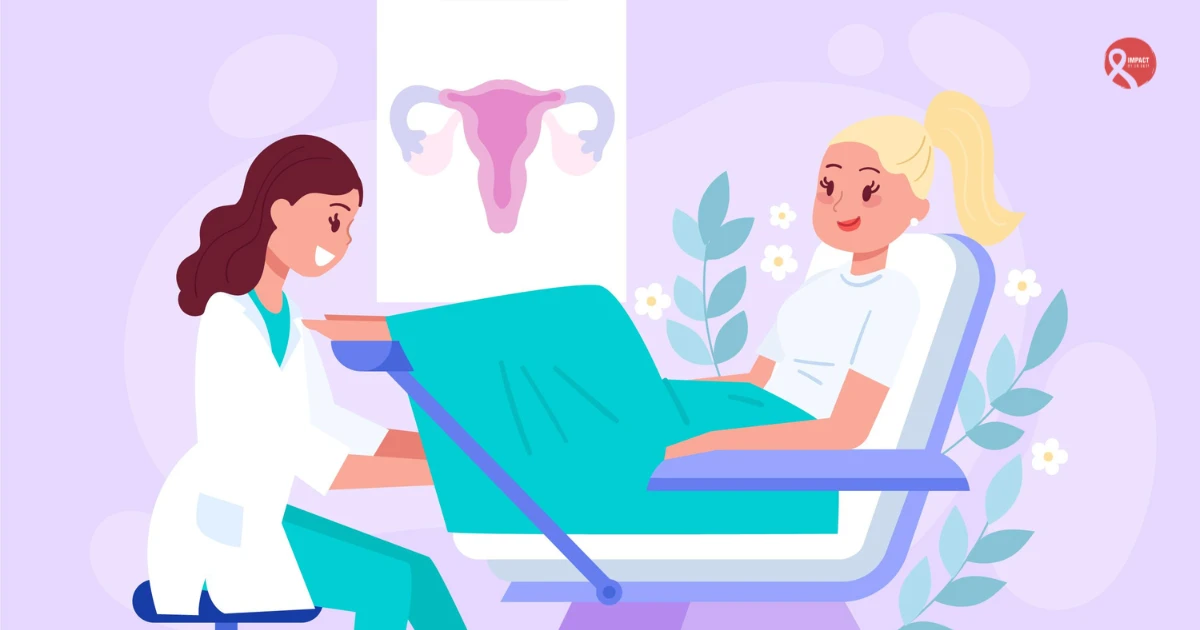 A doctor examining a female patient during a gynecological checkup with a diagram of the uterus in the background, representing cervical cancer diagnosis.