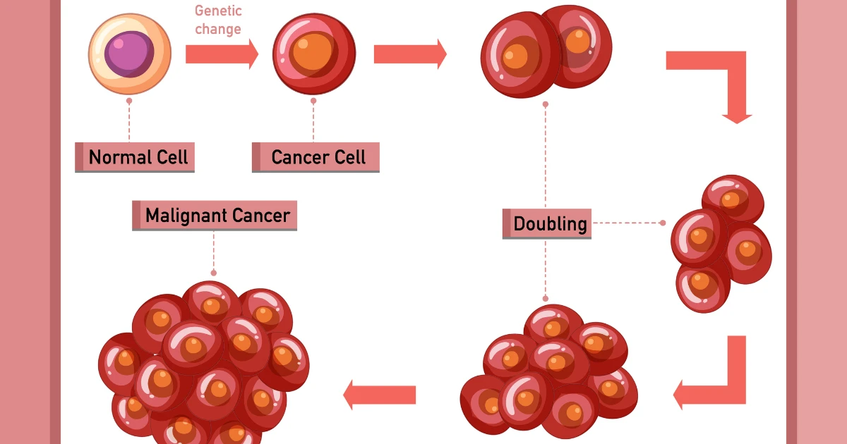 Illustration showing the transformation of normal cells into cancer cells