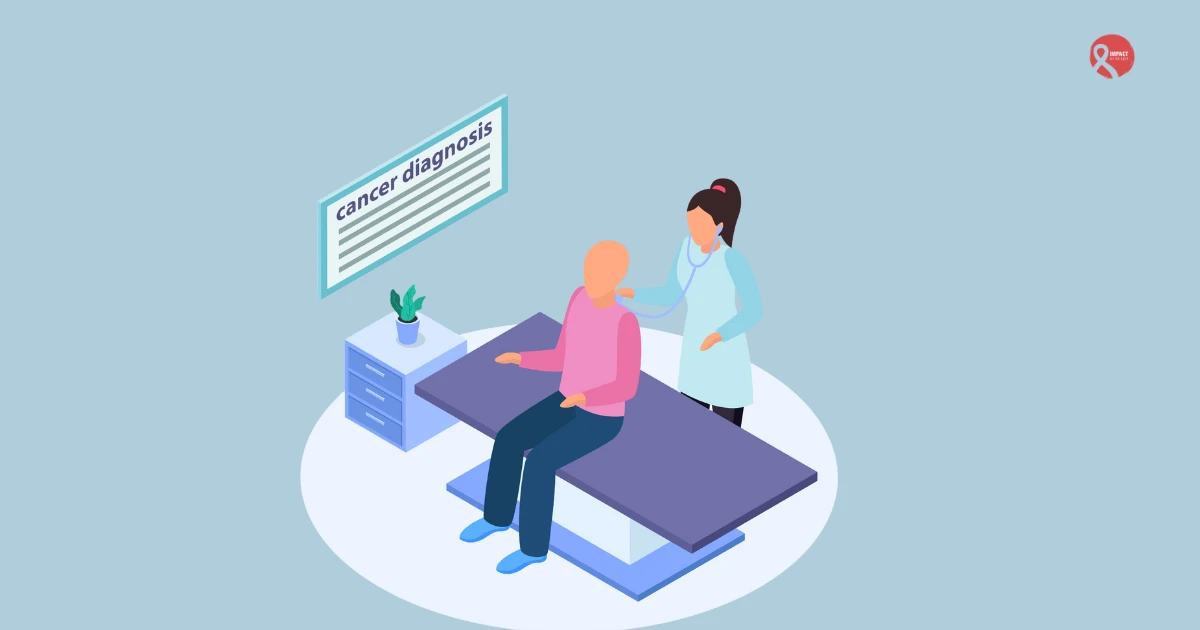 Illustration of a doctor using a stethoscope to examine a patient in a clinical setting, with a sign reading "cancer diagnosis" in the background.