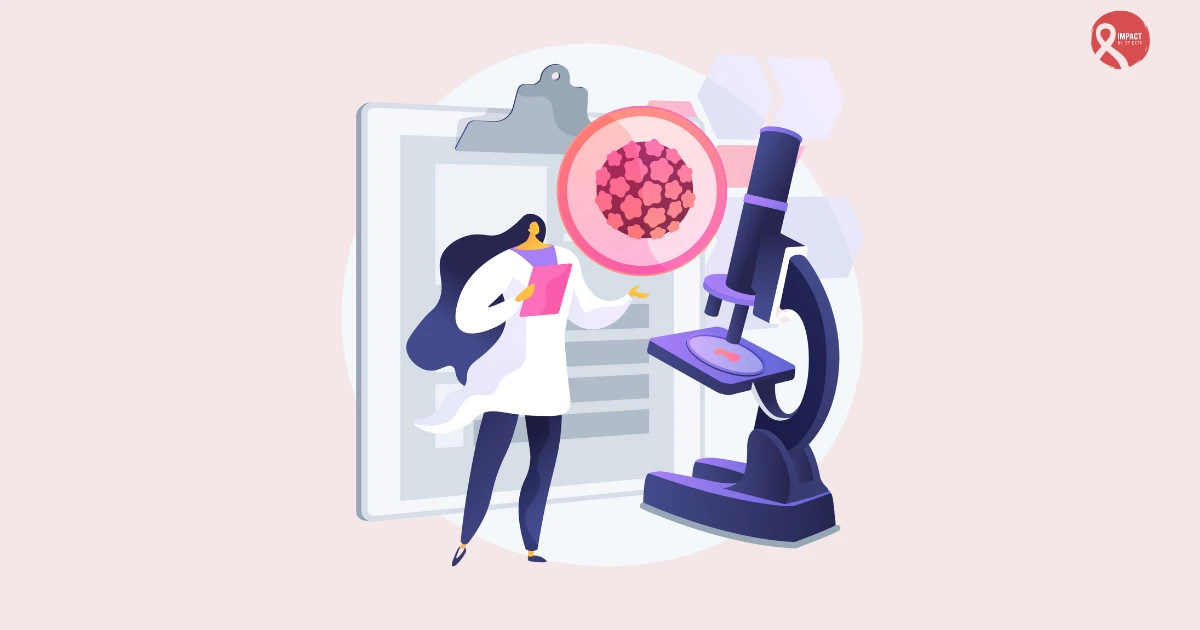 Scientist researching HPV virus under a microscope, symbolizing advanced medical treatments like immunotherapy