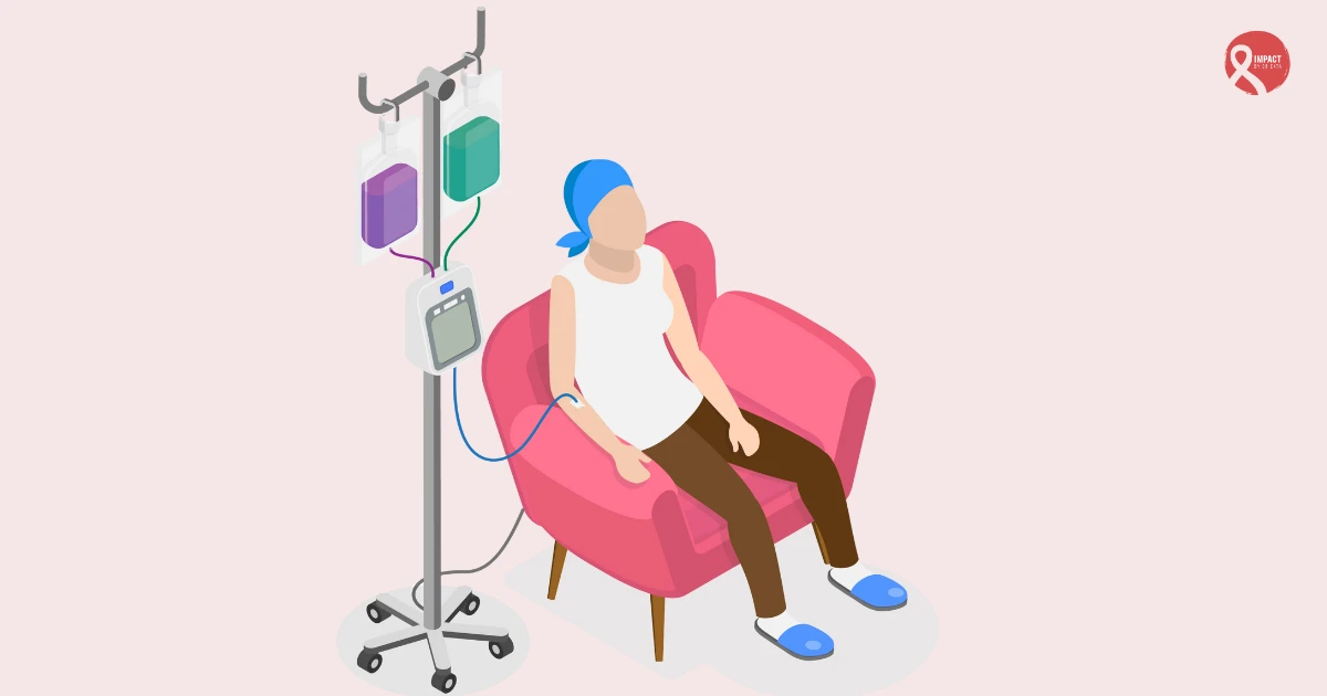 Illustration of a cancer patient receiving chemotherapy treatment in a hospital chair, representing advanced stage cancer care.