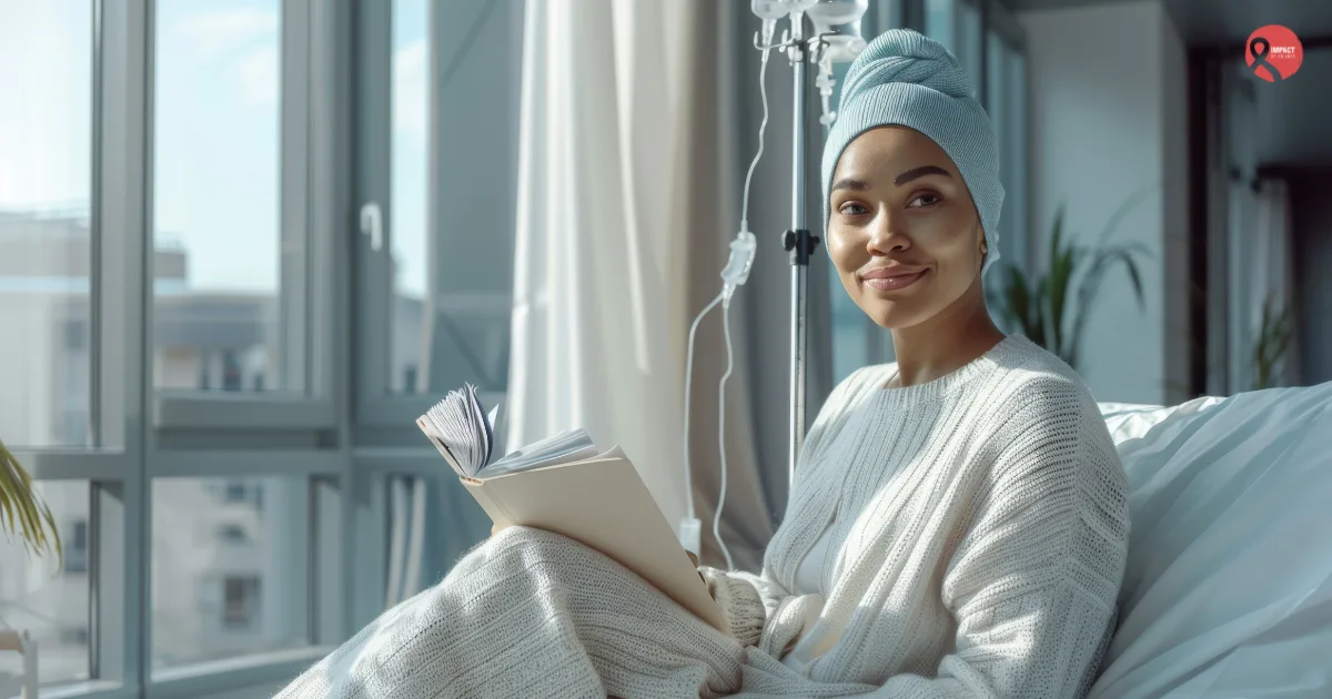 A patient receiving chemotherapy sits in a hospital room reading a book, showing that life and work are possible even during treatment.