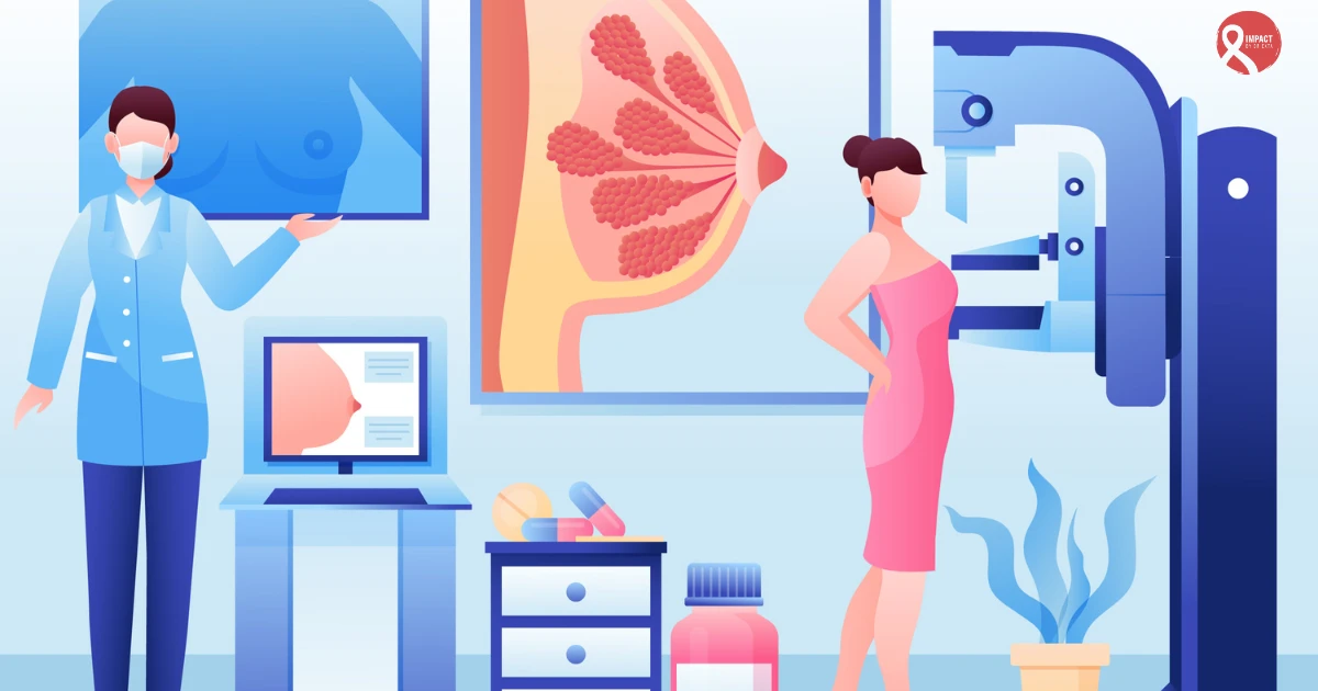 Illustration of breast cancer screening and diagnosis with doctor, mammogram machine, and breast anatomy.