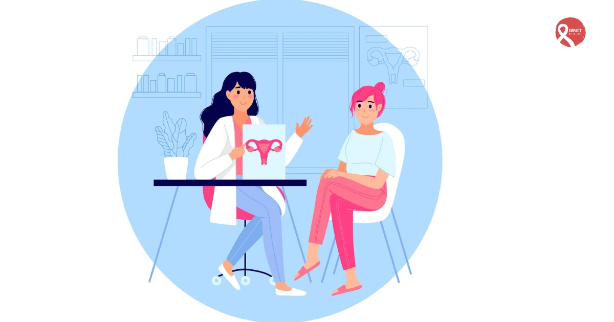 Illustration of a female doctor discussing reproductive health and cancer screenings with a woman patient.