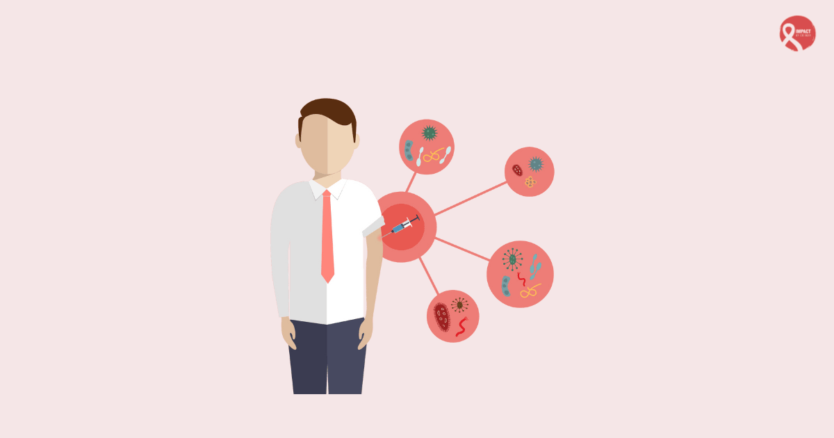 An illustration of a man receiving a vaccine, with diagrams showing different germs, highlighting how immunotherapy interacts with the immune system.