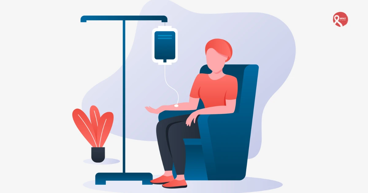Illustration of female cancer patient getting chemotherapy with hair loss as a side effect.