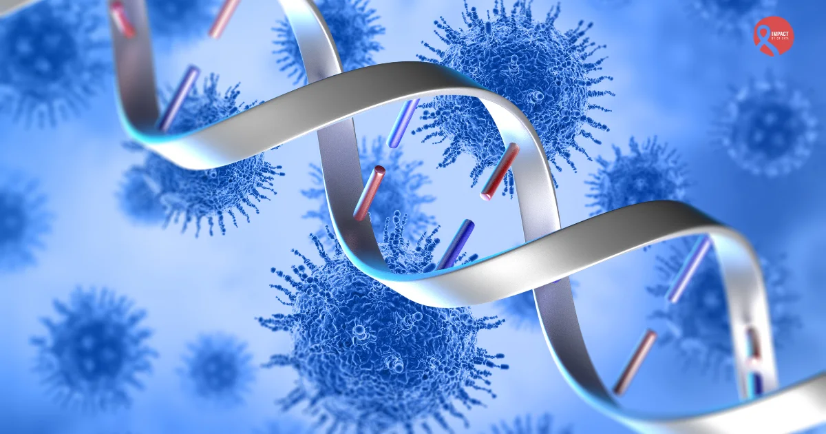 3D illustration of DNA strand and immune cells representing cancer immunotherapy treatment.