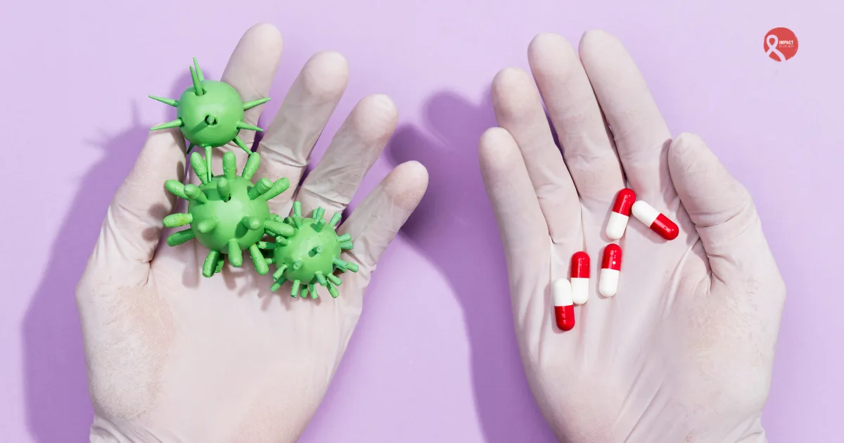 Gloved hands holding model viruses in one hand and red-white capsules in the other, symbolizing the comparison between immunotherapy and targeted therapy in cancer treatment.