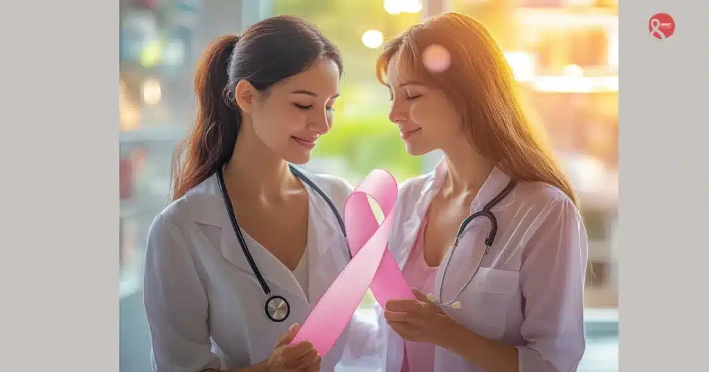 Two female healthcare professionals holding a pink ribbon symbolizing breast cancer awareness and support.
