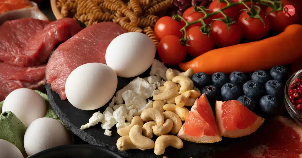 Protein-rich foods for cancer patients including eggs, dairy, nuts, fruits, vegetables, and lean meats