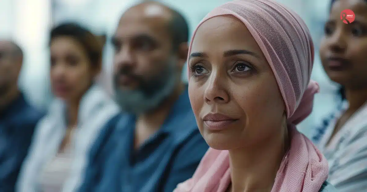 A cancer patient wearing a headscarf sitting with others in a hospital setting, reflecting concerns about hair loss.