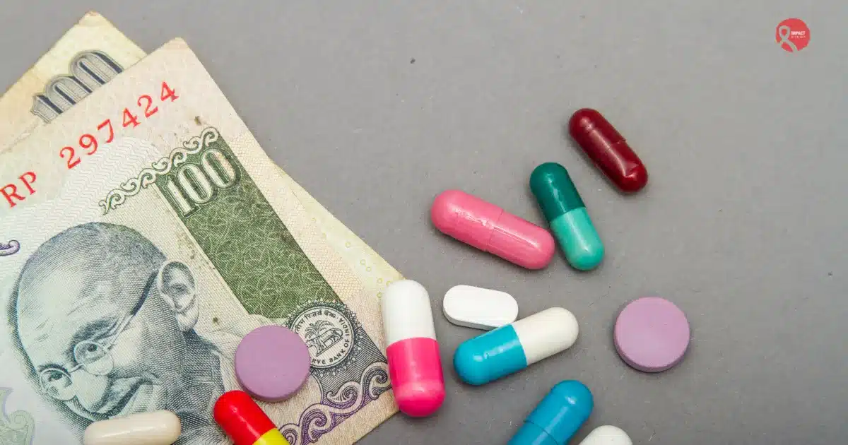 Cancer medicines placed beside Indian currency notes, representing the cost of cancer treatment and affordability concerns in India.