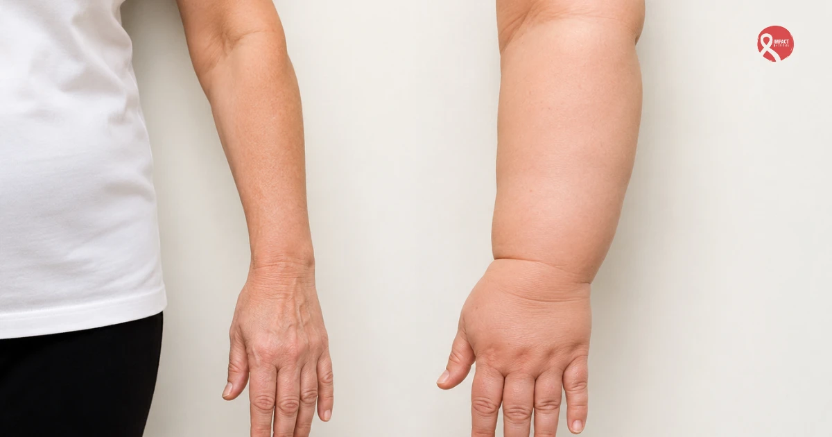 A woman with swelling in one arm due to lymphedema following breast cancer surgery, shown in a simple clinical setting.