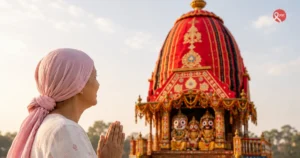 A woman wearing a pink headscarf, symbolizing a cancer patient, stands with folded hands in prayer before the beautifully decorated Rath of Lord Jagannath, reflecting hope, faith, and strength during the cancer journey.