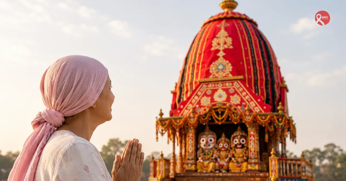 A woman wearing a pink headscarf, symbolizing a cancer patient, stands with folded hands in prayer before the beautifully decorated Rath of Lord Jagannath, reflecting hope, faith, and strength during the cancer journey.