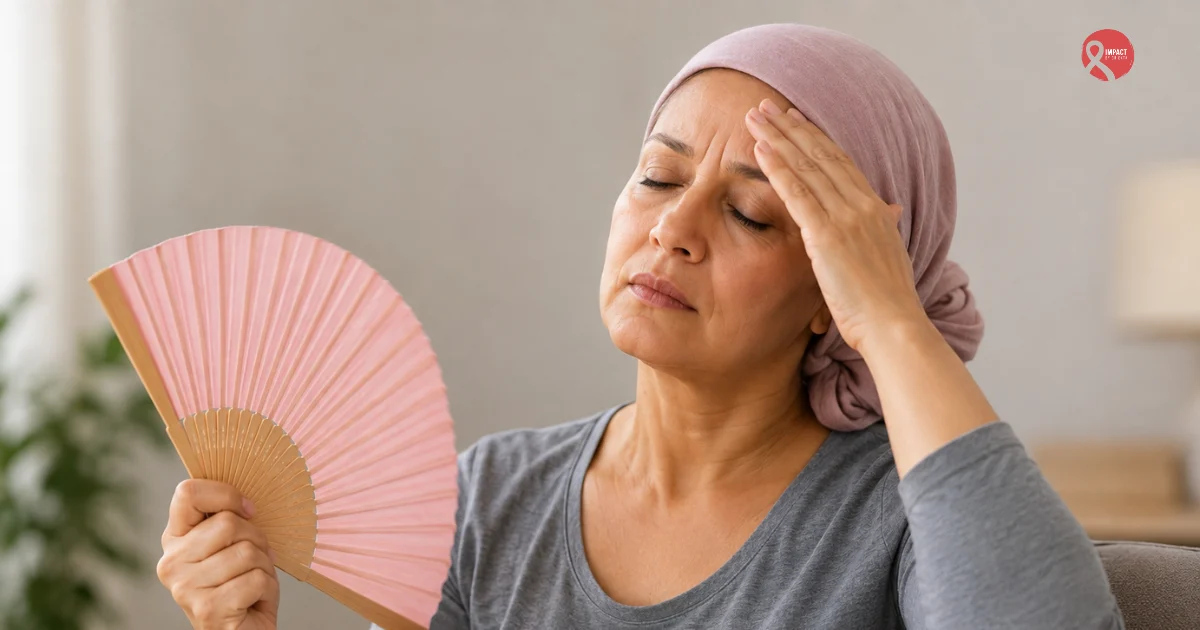 A woman wearing a headscarf sits indoors, fanning herself while holding her forehead, illustrating hot flashes and discomfort caused by treatment-induced menopause after cancer therapy.