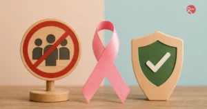 Pink cancer awareness ribbon with symbols representing cancer misconceptions and facts
