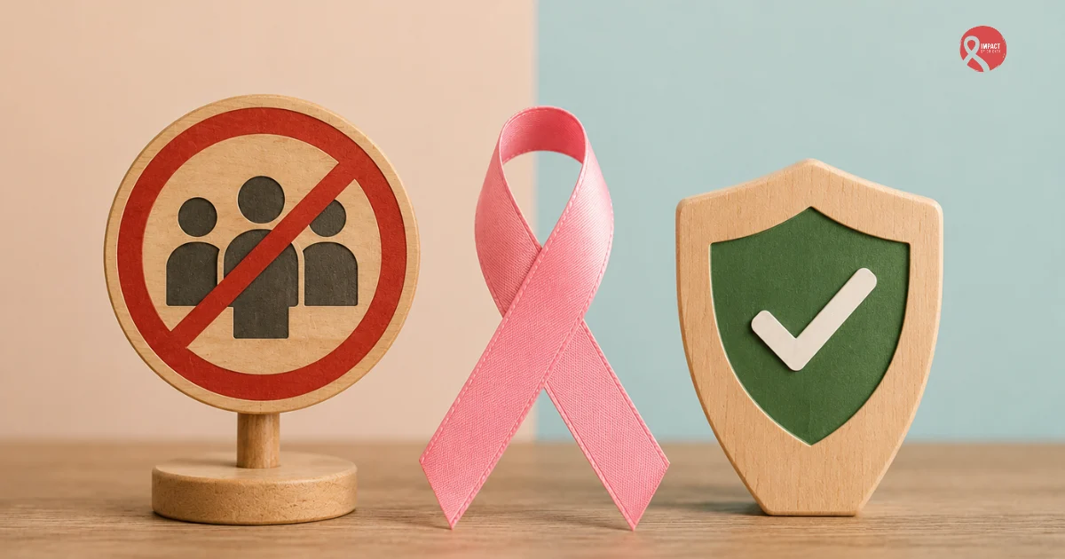 Pink cancer awareness ribbon with symbols representing cancer misconceptions and facts