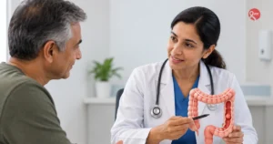 Doctor explaining colorectal cancer screening using a colon model with a highlighted polyp to a middle-aged patient.